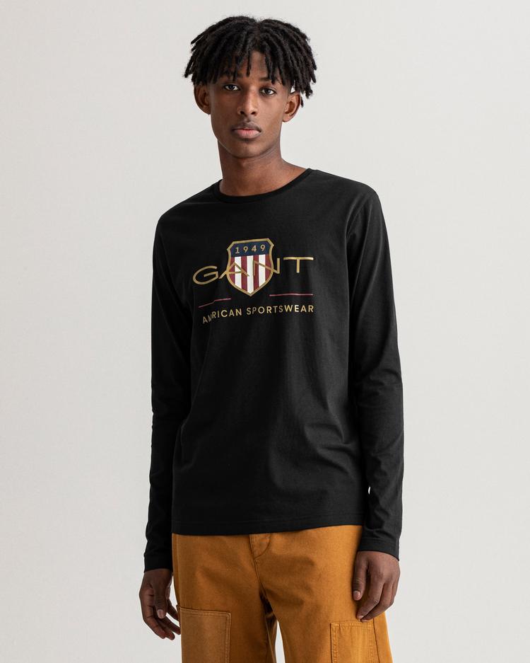 GANT Erkek Siyah Baskılı Uzun Kollu T-shirt