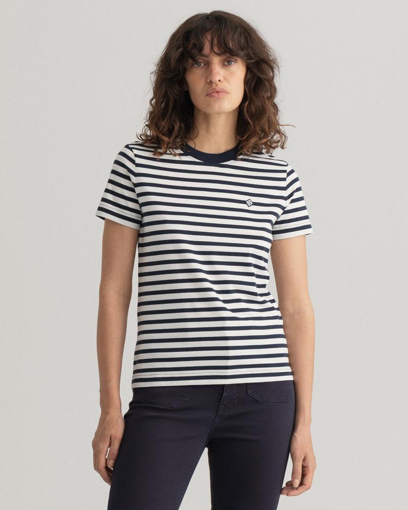 Gant Kadın Lacivert Regular Fit Çizgili T-shirt