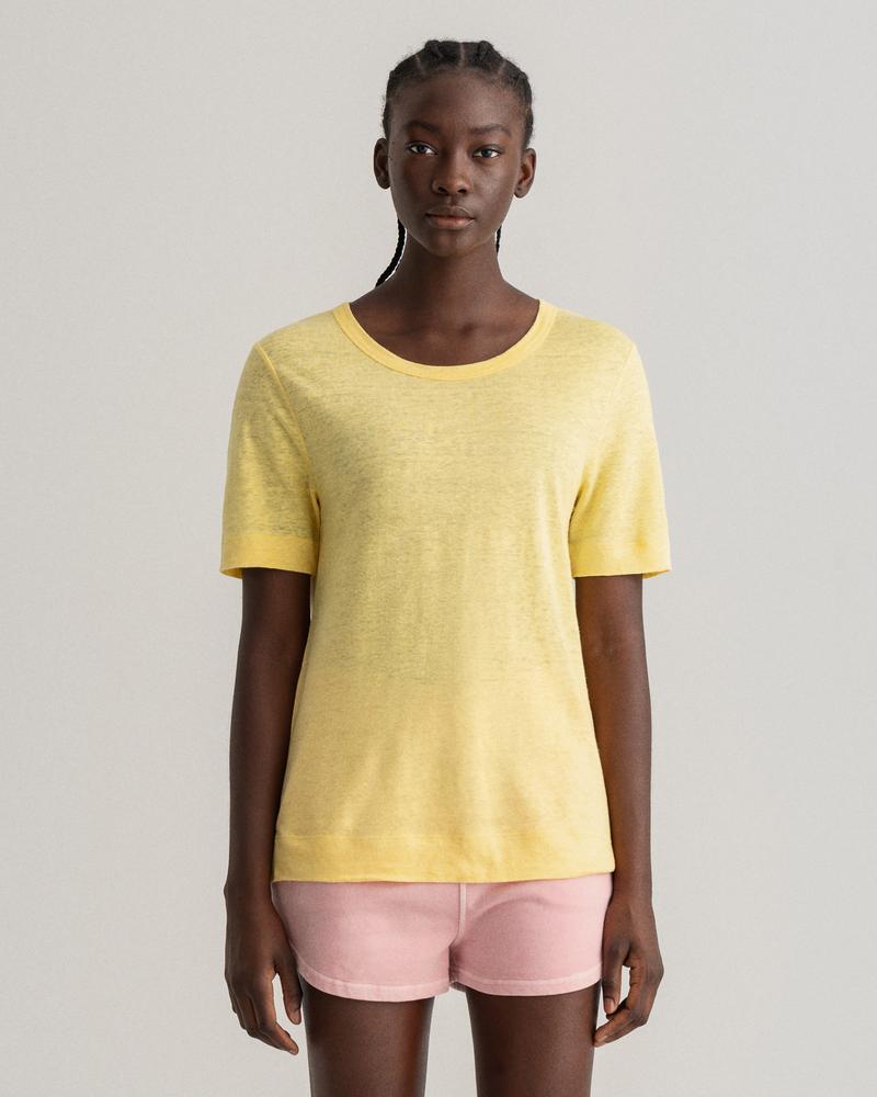 Gant Kadın Sarı Relaxed Fit Kayık Yaka Keten T-shirt