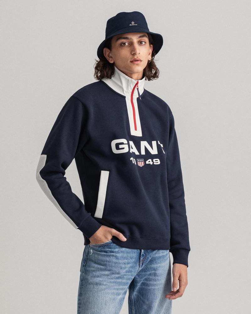 Gant Erkek Lacivert Regular Fit Yarım Fermuarlı Baskılı Sweatshirt